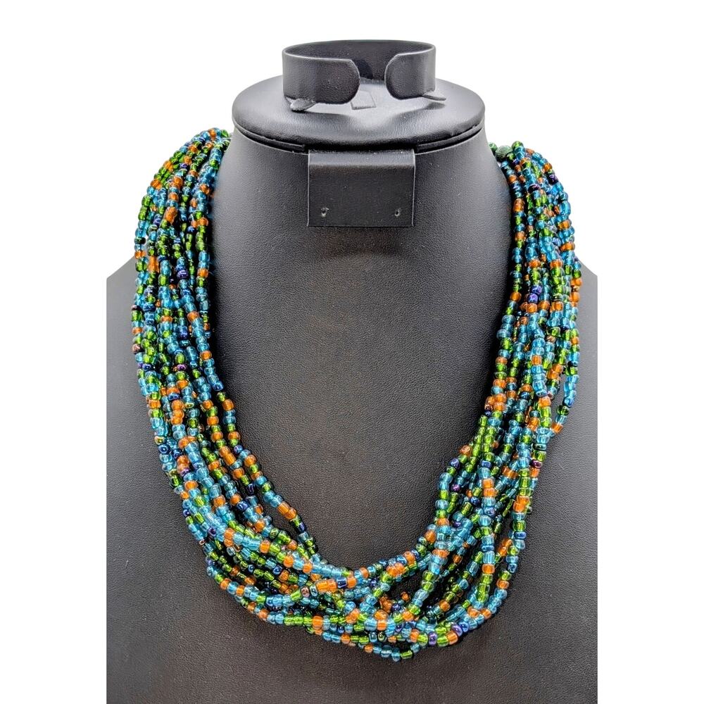 Vintage Thirteen Strand Multi-Color Glass Bead Torsade 19.5"-22" Necklace